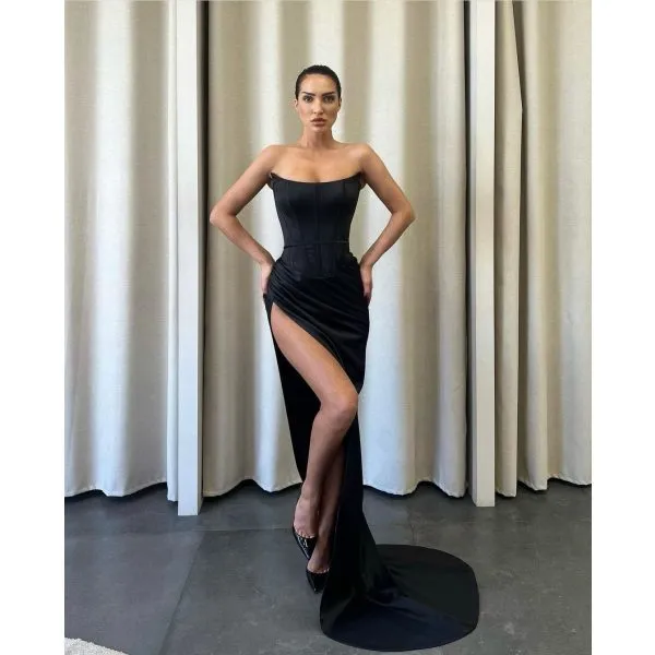 Q845 - Strapless Corset High Slit Black Dress