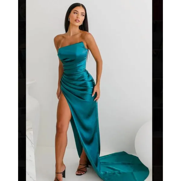 Q959 - Asymmetric Strapless High Split Teal Dress